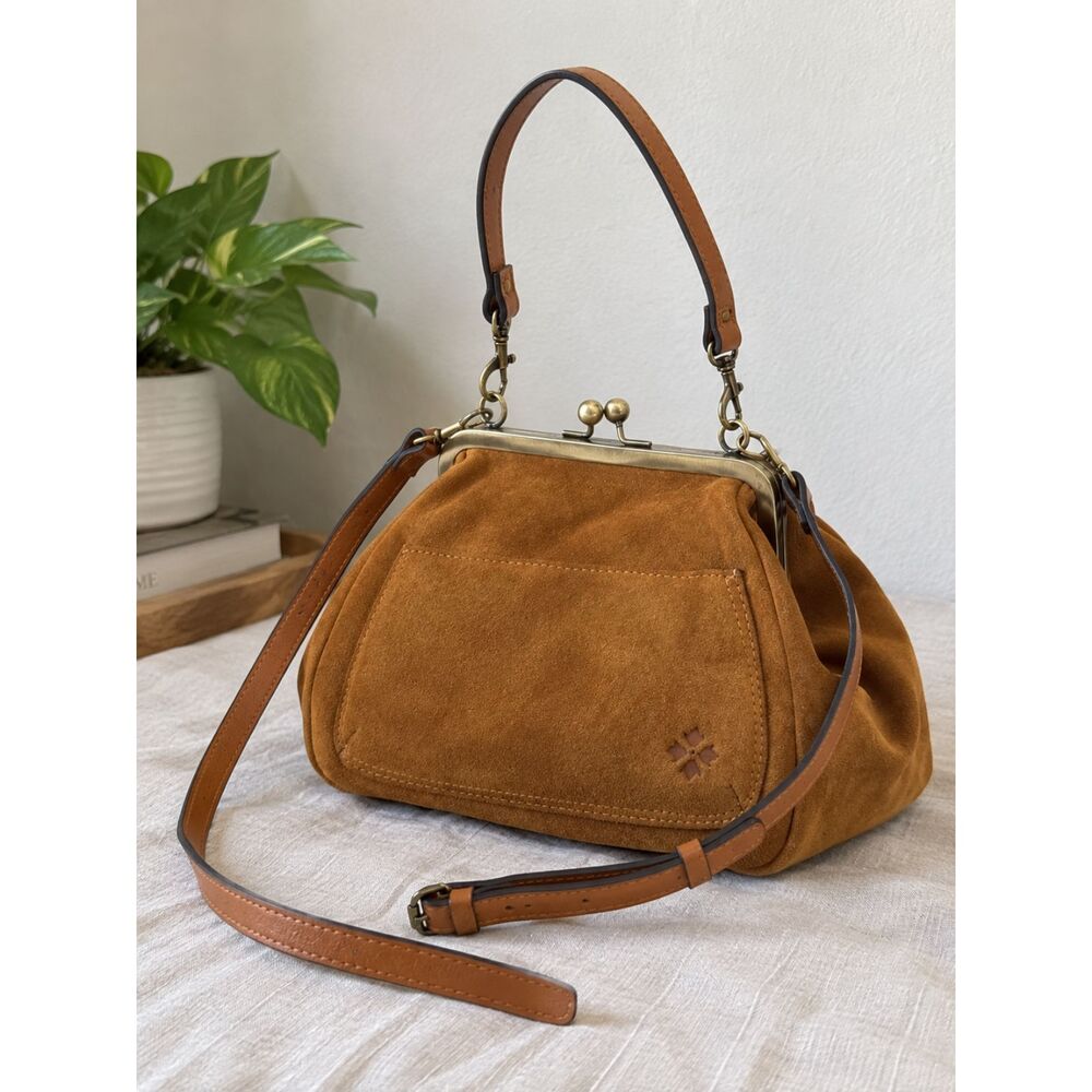 Patricia Nash Suede Annie Frame Kiss-lock Shoulder Bag Tan Leather Strap. New